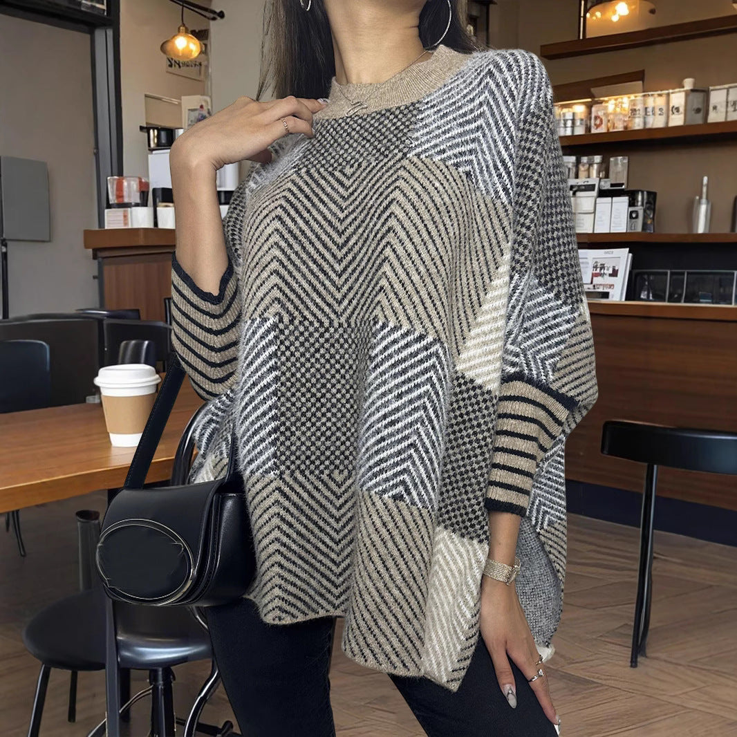 Damen asymmetrischer Strickpullover mit Zickzackmuster Drune