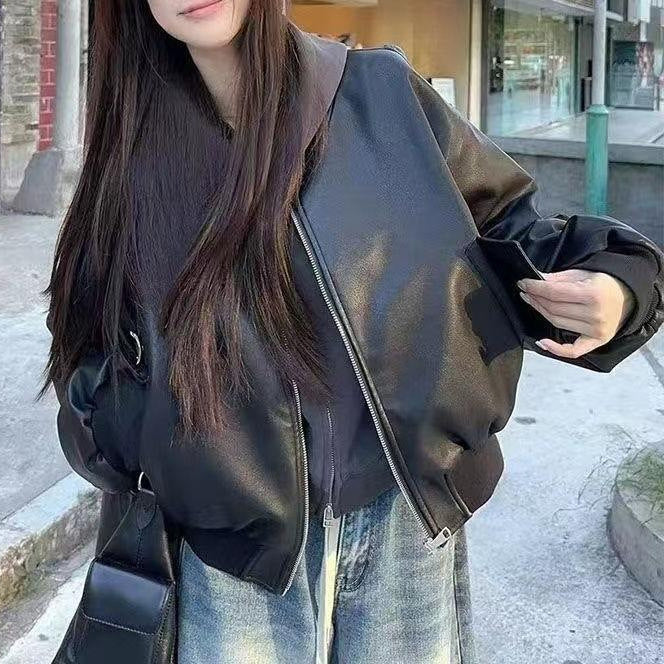 Damen stylische Lederjacke im urbanen Oversized-Schnitt Drune