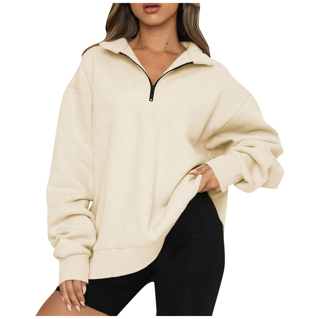 Damen modischer Oversized Pullover mit kurzem Reißverschluss und lässigen Ärmeln Drune