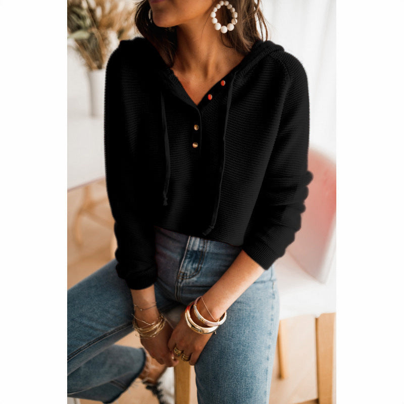 Damen Kurzarm Hoodie mit modernen Knopfdetails und elastischen Saum Drune