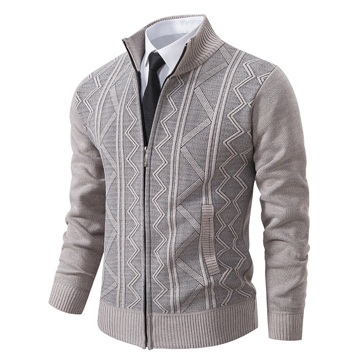 Herren Strukturiertes Feinstrick-Zipcardigan mit Stehkragen und geometrischem Zopfmuster Drune