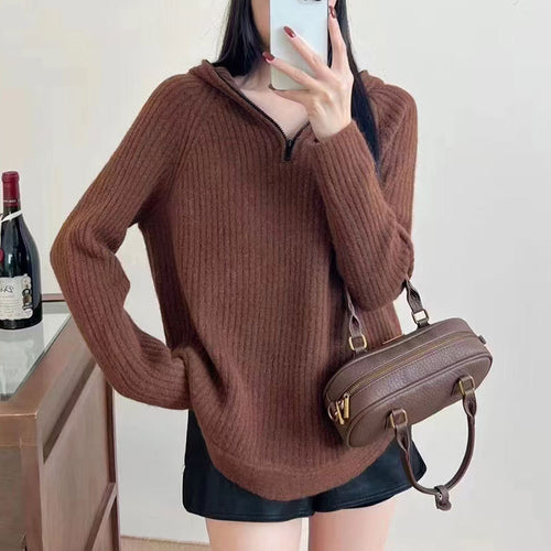 Damen lässiger Strickpullover mit hochgezogenem Kragen und Reißverschluss Drune