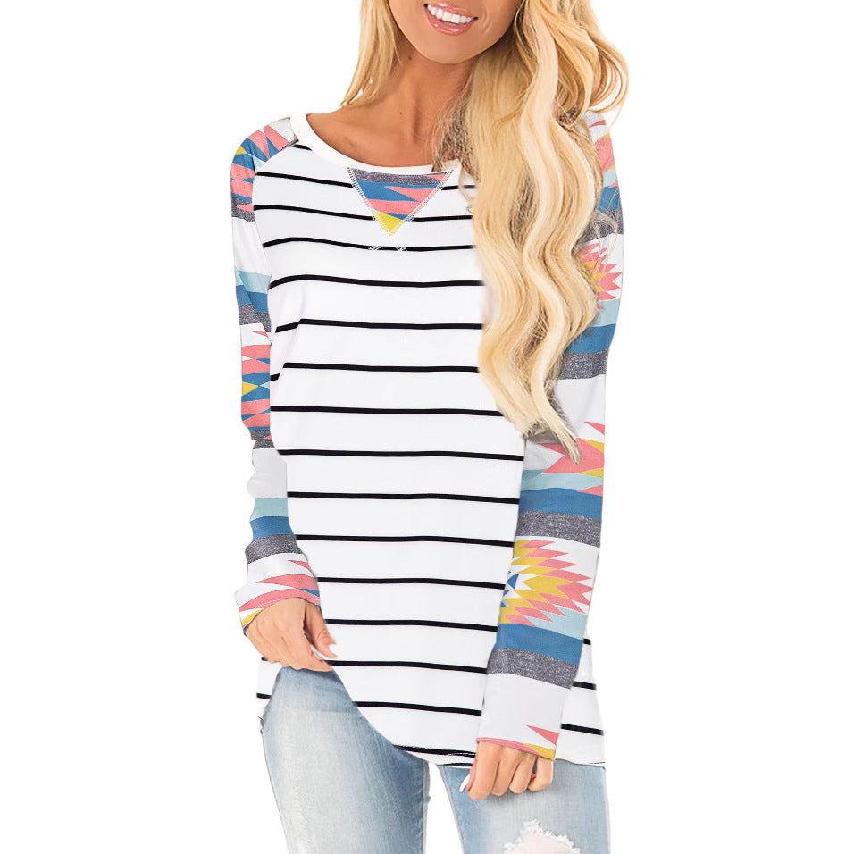 Damen Lässiges Langarmshirt mit farbenfrohen Mustern und Streifenmuster Drune