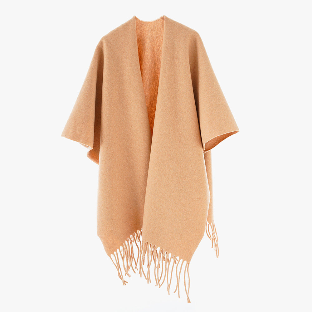 Damen Kaschmir‑Optik Capeponcho mit Fransen und offenem Oversize‑Schnitt Drune