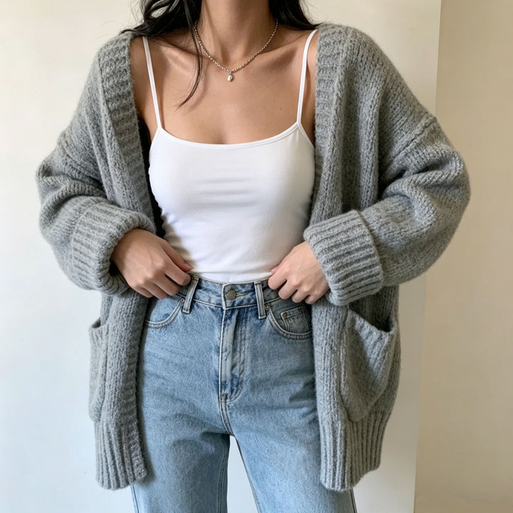 Damen Langer Offener Grobstrick-Cardigan mit aufgesetzten Taschen und gerippten Bündchen Drune