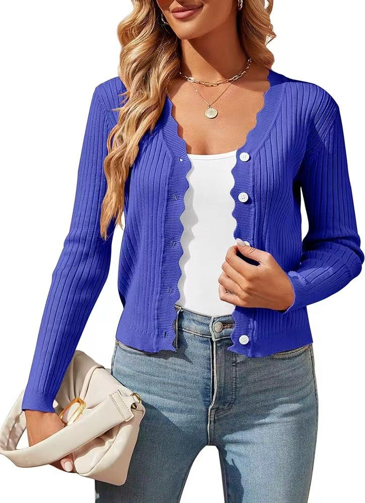 Damen elegante Strickjacke mit Wellenkante Drune