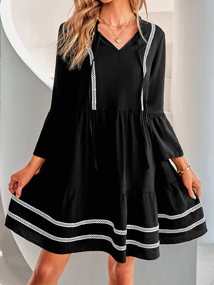 Damen Stufiges Tunika-Kleid mit V-Ausschnitt, Kordelzug und Glockenärmeln Drune