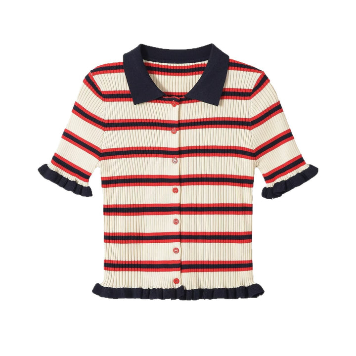 Damen Gerippte Kurzarm-Polokragen-Strickjacke mit Volantbündchen Drune