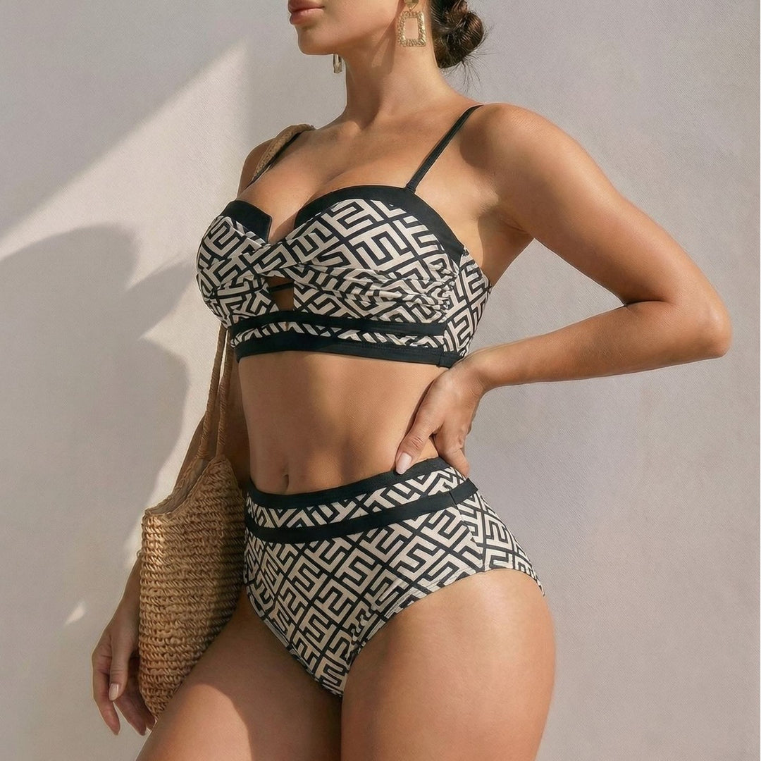 Damen Hoch geschnittener Bikini mit trendigem Cut-Out und geometrischem Muster Drune