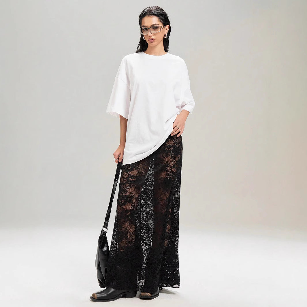 Damen nan weites Baumwollshirt und langer transparenter Spitzenrock Drune