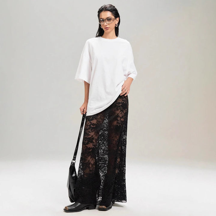 Damen nan weites Baumwollshirt und langer transparenter Spitzenrock Drune