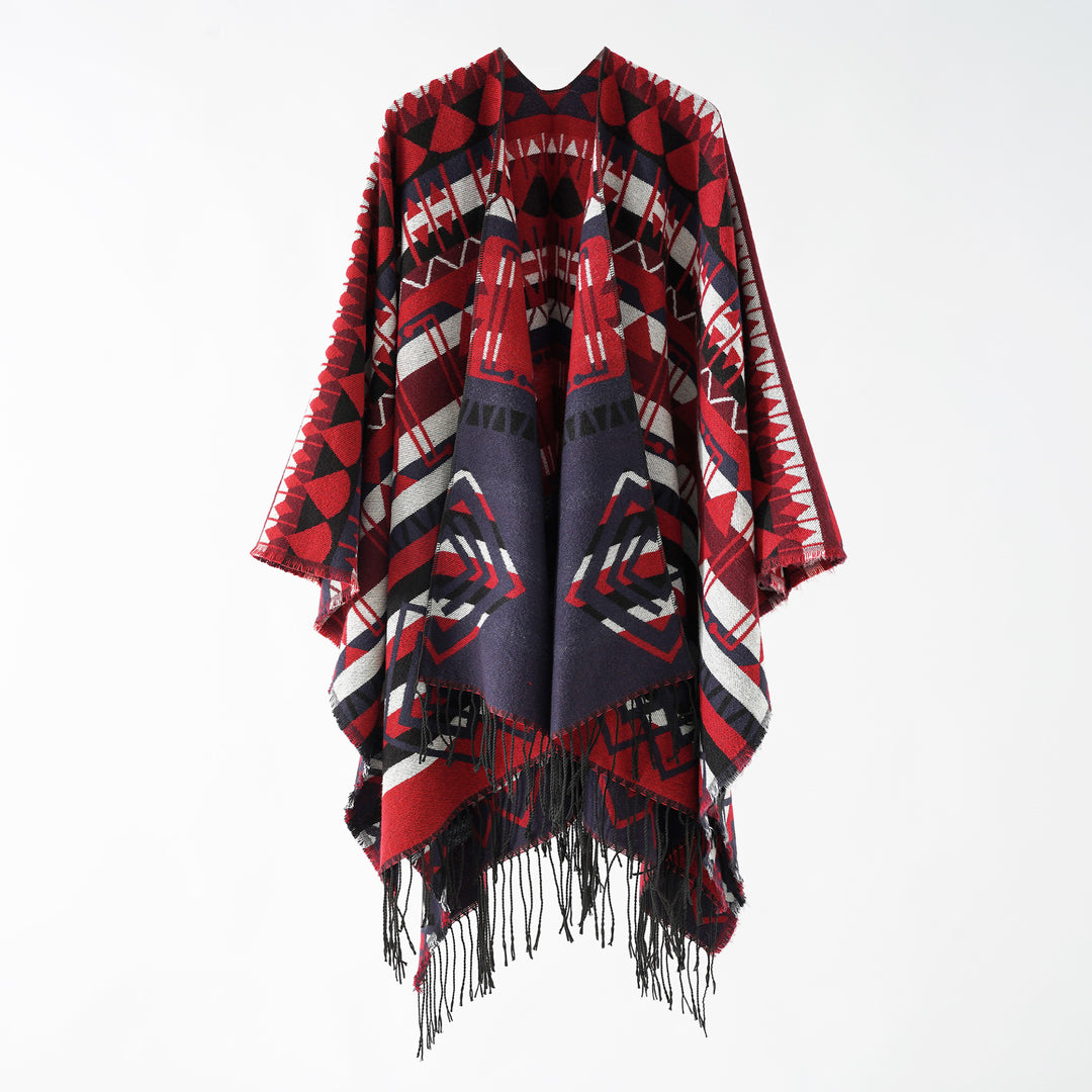 Damen Gewebter Fransenponcho mit Ethno-Jacquard und Oversize-Fall Drune