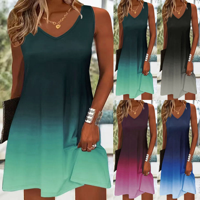 Damen V-Ausschnitt Sommerkleid mit lebhaftem Farbverlauf und leichtem, atmungsaktivem Stoff Drune
