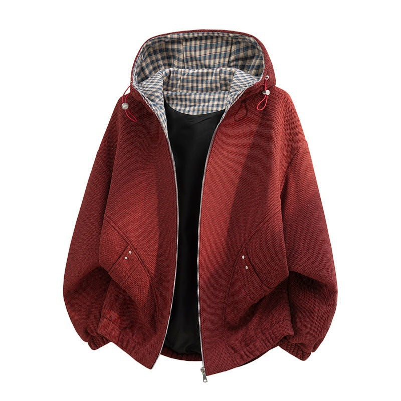 Damen oversized Fleecejacke mit Kapuze und karierter Innenfütterung Drune