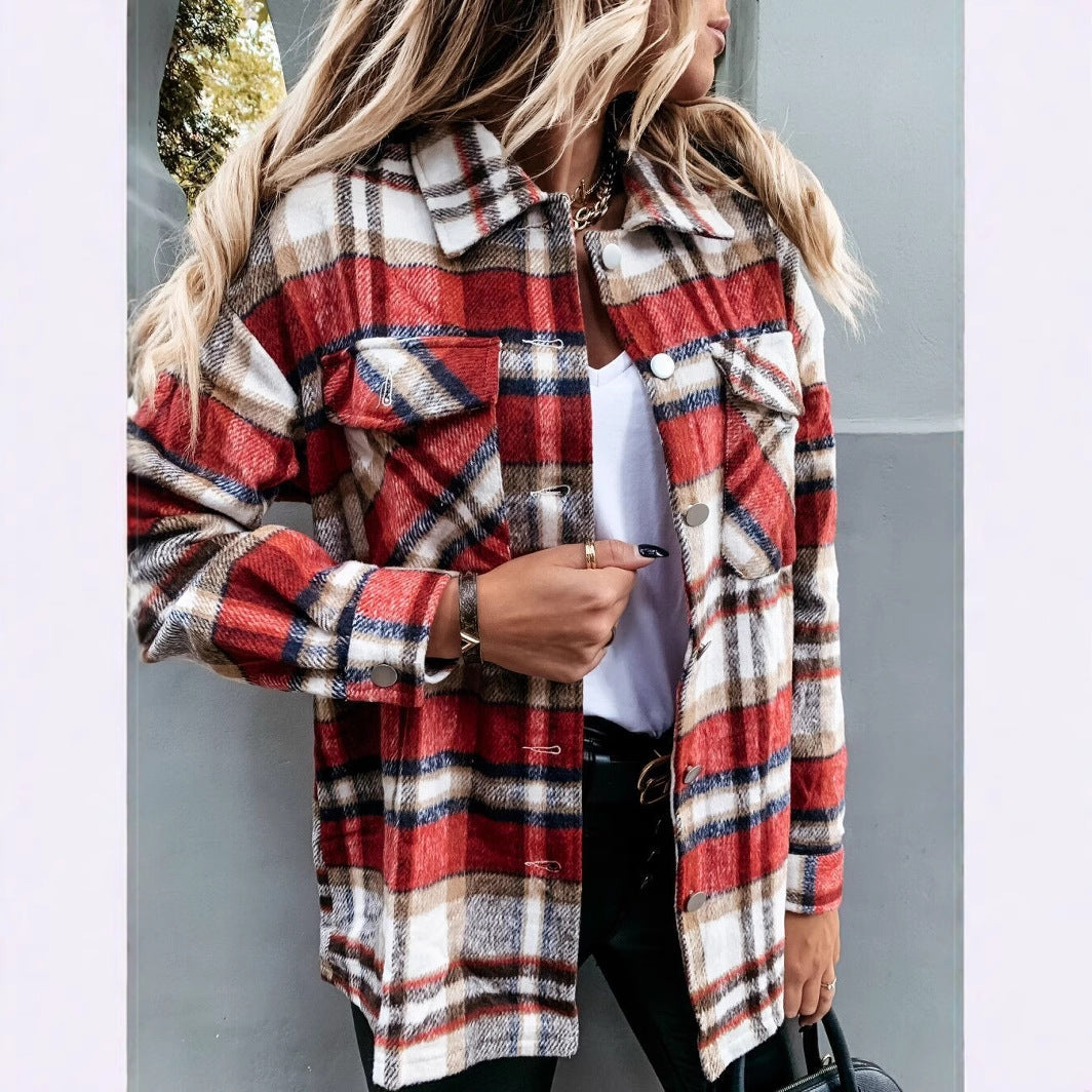 Damen Kariertes Overshirt mit Taschen und warmem Futter Drune