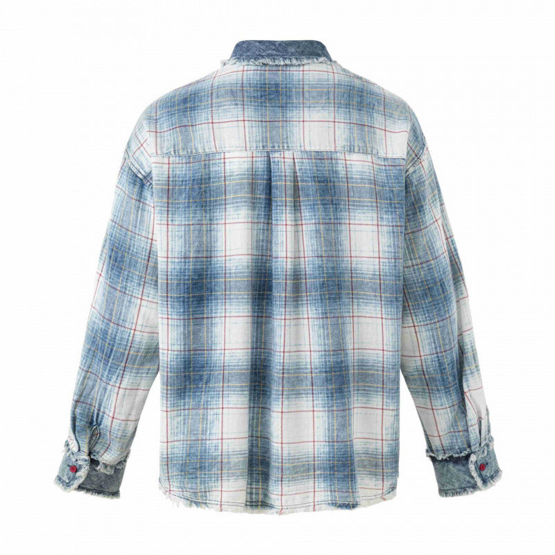 Unisex Kariertes Overshirt im Used-Look mit Fransen, Jeanskragen und aufgesetzter Brusttasche Drune