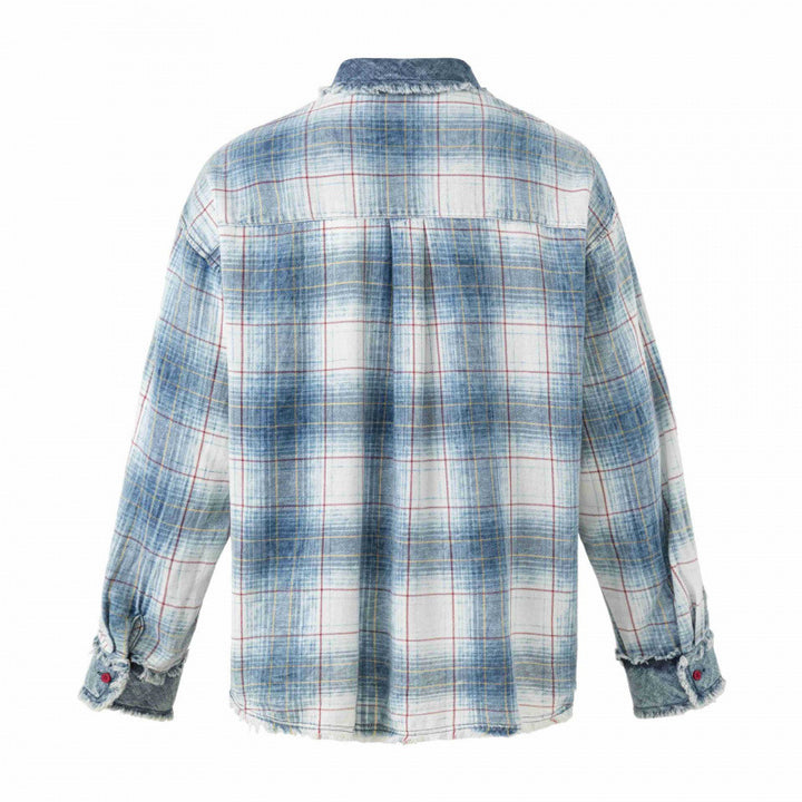 Unisex Kariertes Overshirt im Used-Look mit Fransen, Jeanskragen und aufgesetzter Brusttasche Drune