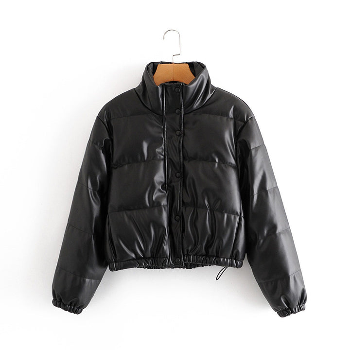 Damen nan kurze gesteppte Kunstleder-Steppjacke mit hohem Stehkragen, Druckknopf-Leiste und verstellbarem Kordelzugsaum Drune