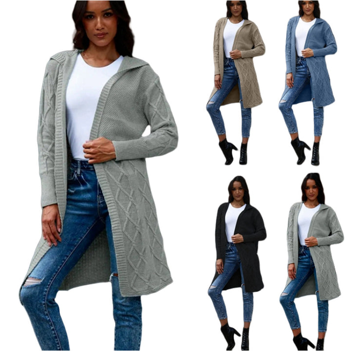 Damen Strickjacke mit Kapuze und Zopfmuster Drune