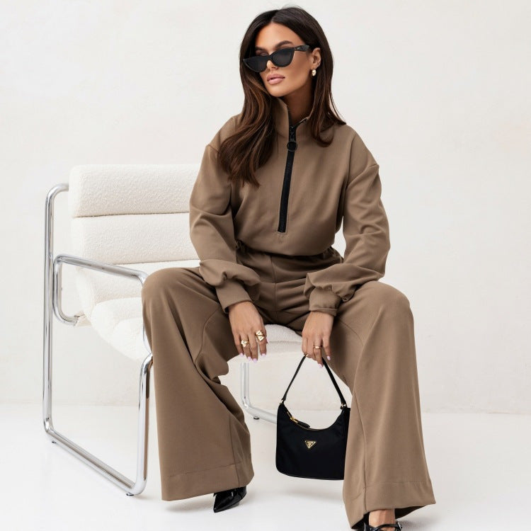 Damen relaxed-fit Zip-Pullover mit elastischem Taillenbund und extraweiter Palazzo-Hose Zweiteiler Drune