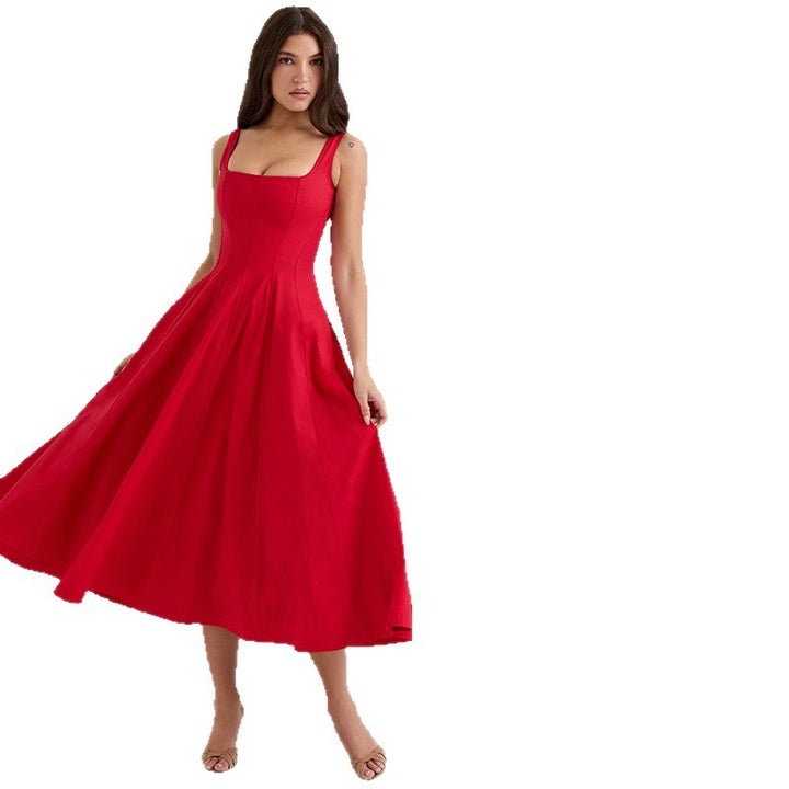 Damen elegantes Maxikleid mit quadratischem Ausschnitt und fließendem Rock Drune