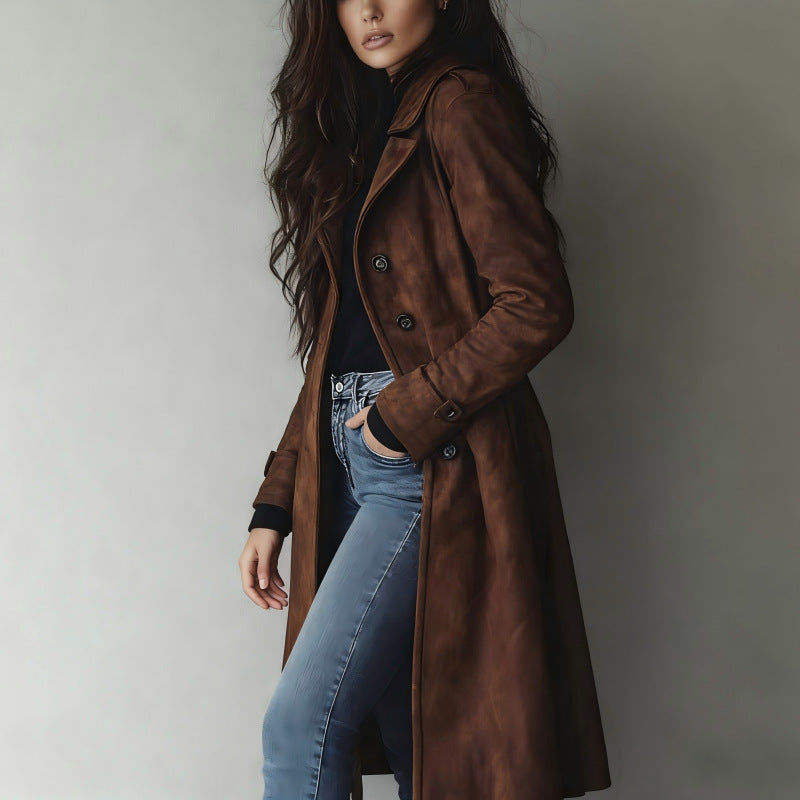 Damen Taillierter langer Mantel mit A-Linien-Silhouette und klassischer Knopfleiste Drune