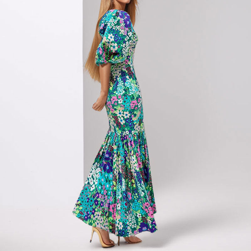 Damen Maxikleid mit voluminösen Ärmeln und eleganter Rüschendetail Drune