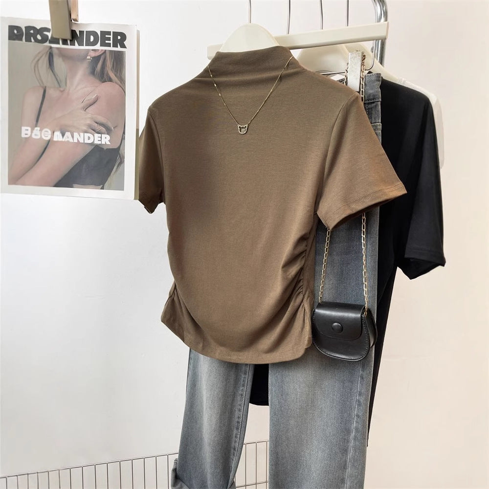 Damen figurbetontes T-Shirt mit Stehkragen und raffiniertem Rüschendetail