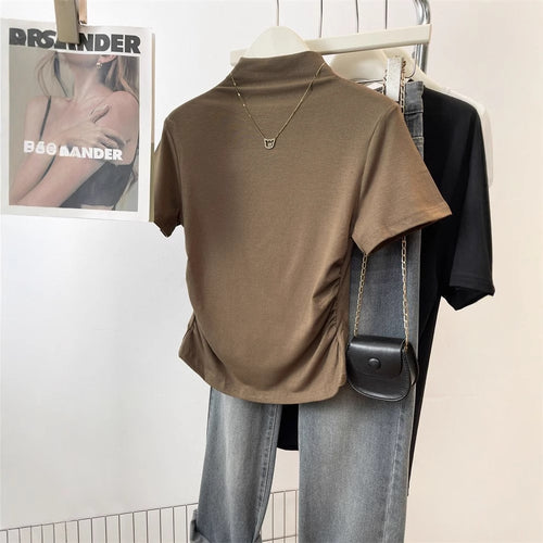 Damen figurbetontes T-Shirt mit Stehkragen und raffiniertem Rüschendetail