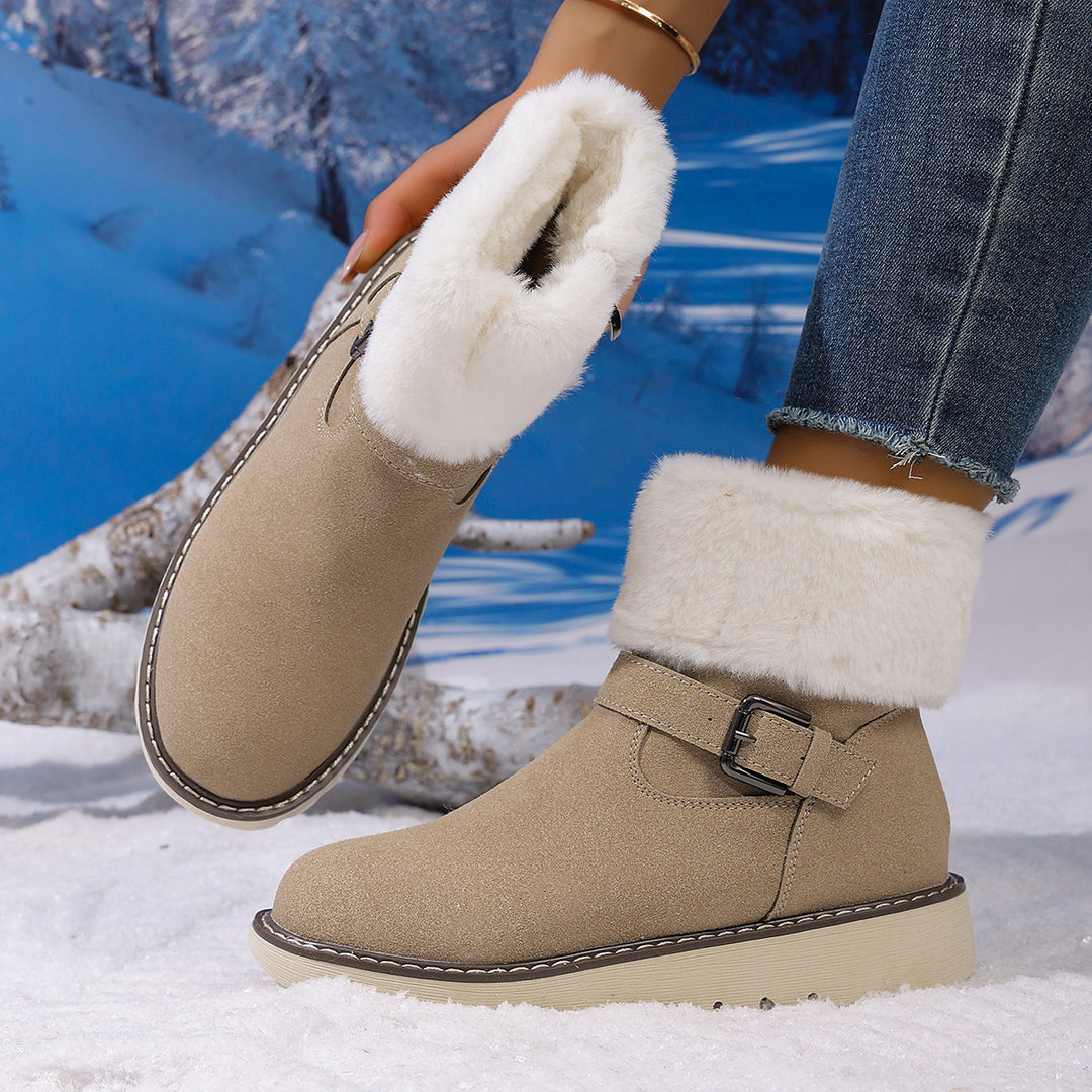 Damen Gefütterte Kurzstiefelette mit Kunstfellkragen, Velours‑Optik und Zierschnalle Drune