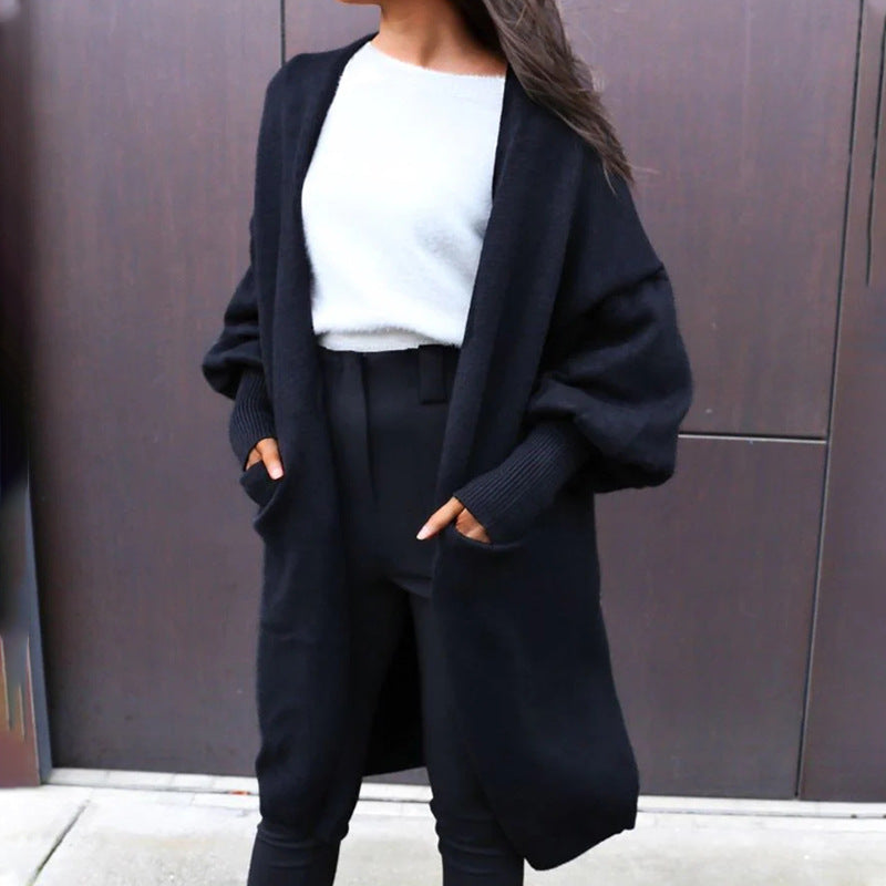Damen Oversize-Longcardigan mit Volumenärmeln, offener Front und Eingrifftaschen Drune