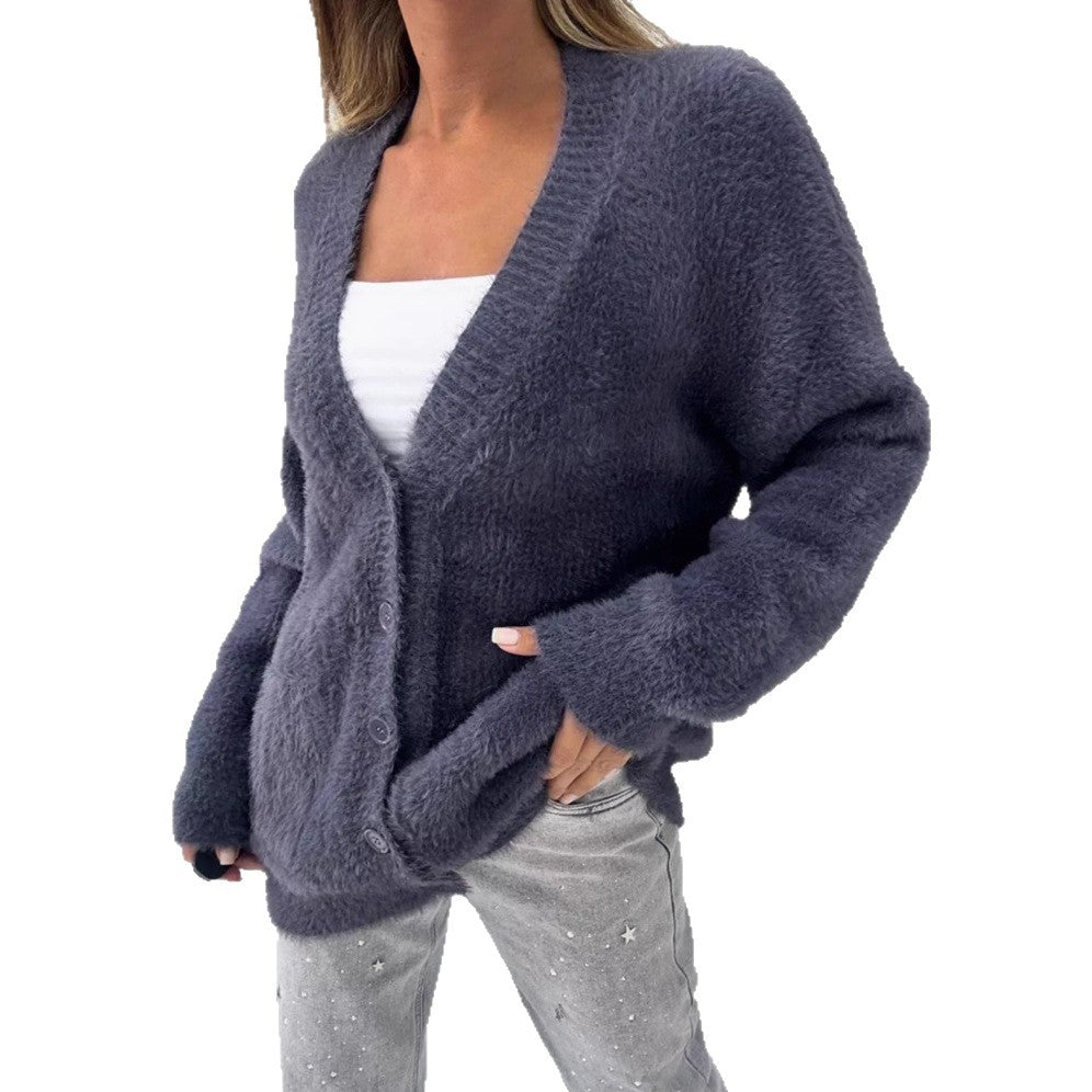 Damen Flauschiger Oversize-Cardigan mit tiefer V-Ausschnitt, Knopfleiste und Eingrifftaschen Drune