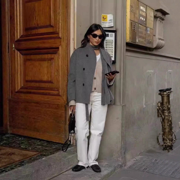 Damen Kurz geschnittener Oversize-Wollmantel mit doppelreihiger Knopfleiste und Stehkragen Drune