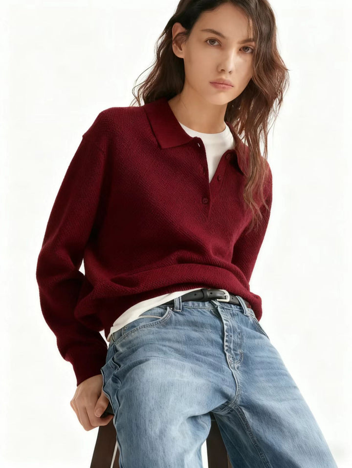 Damen Feinstrick-Polo-Sweater mit Knopfleiste und geripptem Saum Drune