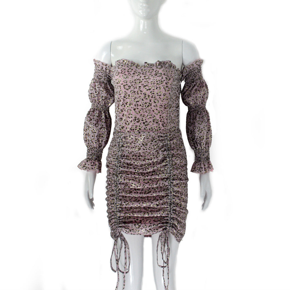 Damen Schulterfreies gerafftes Minikleid mit Puffärmeln, Smok-Oberteil & Seitenschnürung Drune