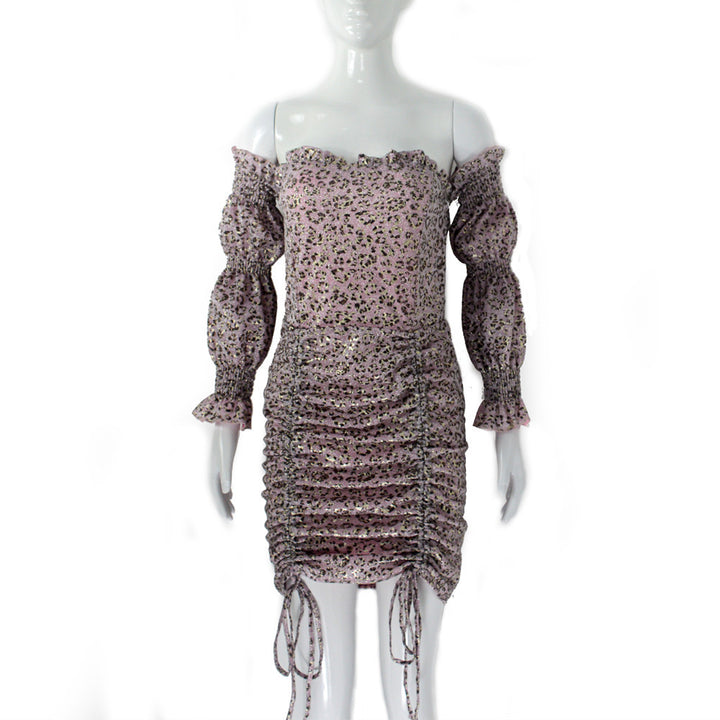 Damen Schulterfreies gerafftes Minikleid mit Puffärmeln, Smok-Oberteil & Seitenschnürung Drune