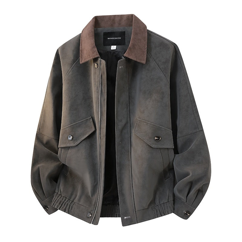 Herren Kurzjacke im Vintage-Arbeiterstil aus Velours‑Optik mit Pattentaschen und elastischem Saum Drune