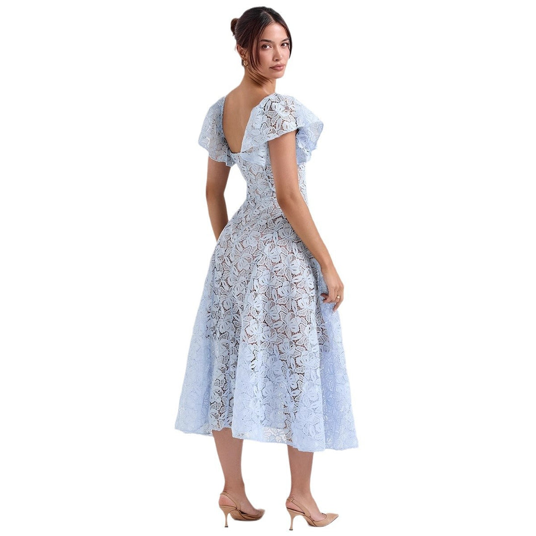 Damen Spitzenkleid mit voluminösen Rüschärmeln und ausgestelltem Rock Drune