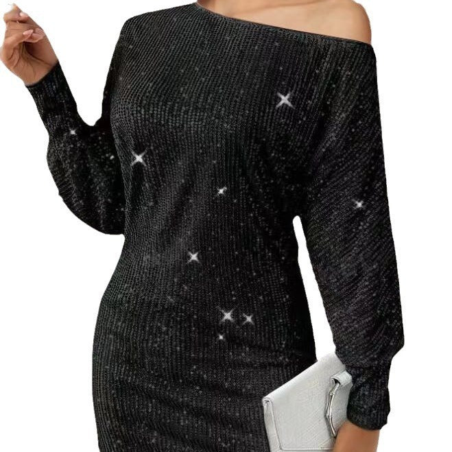 Damen Glamouröses Minikleid mit asymmetrischem Schulterdesign und Funkeleffekten Drune