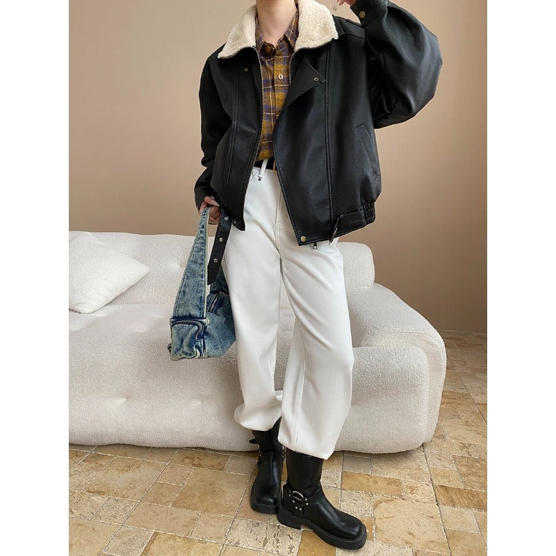 Damen lässige Kunstlederjacke mit großzügigem Kragen und weichem Futter Drune