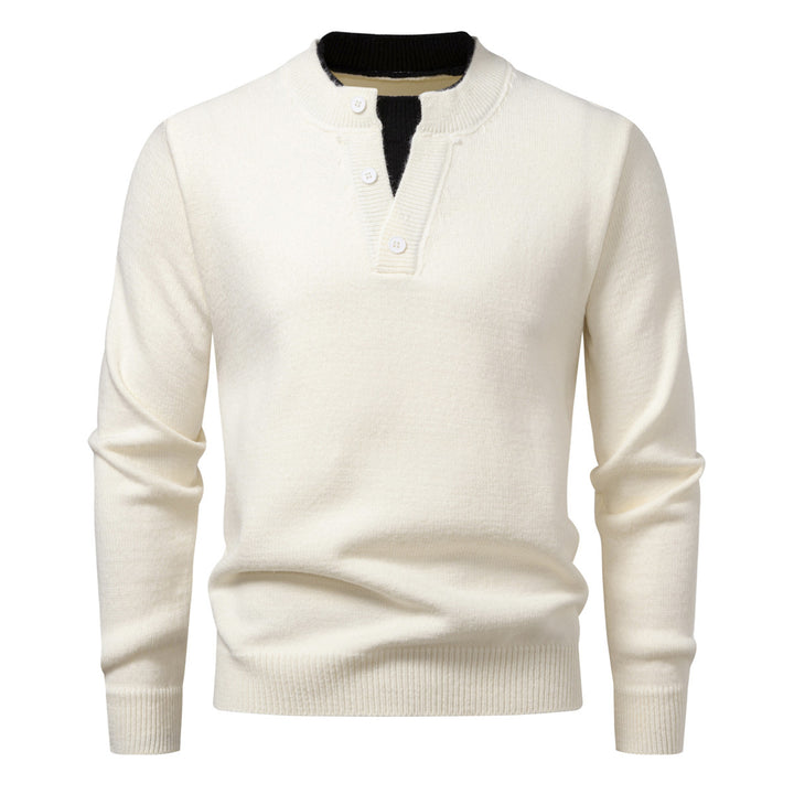 Herren Feinstrick-Henley-Pullover mit kurzer Knopfleiste und geripptem Stehkragen Drune