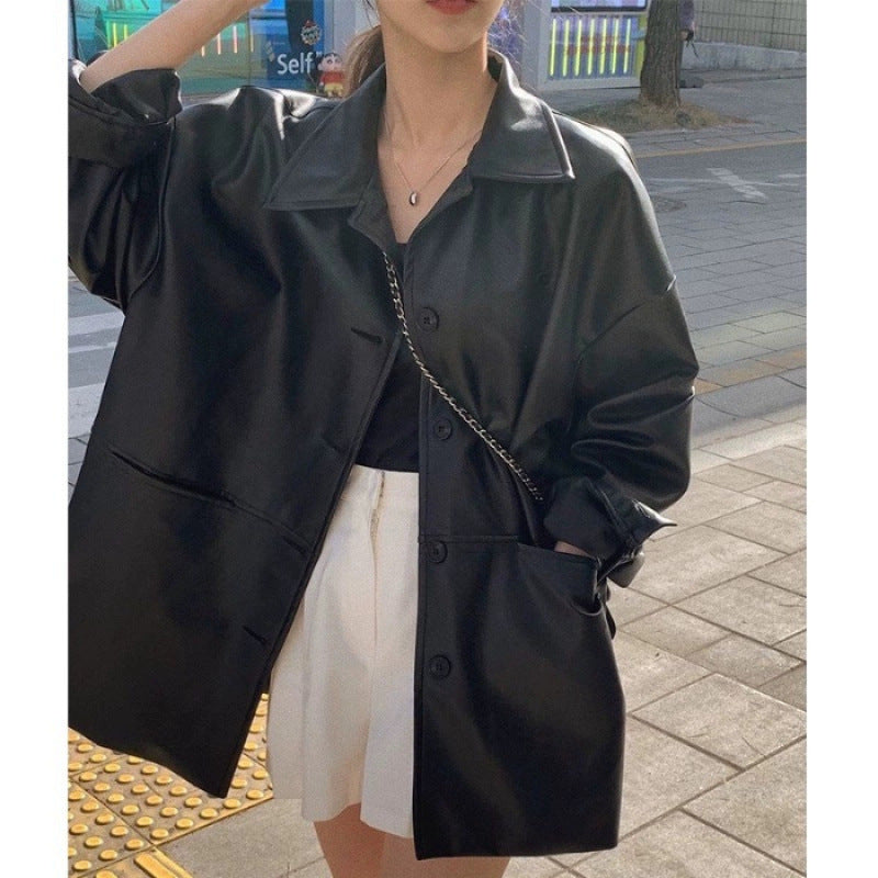Damen Modische Longjacke aus hochwertigem Kunstleder mit praktischen Taschen und lässigem Schnitt Drune