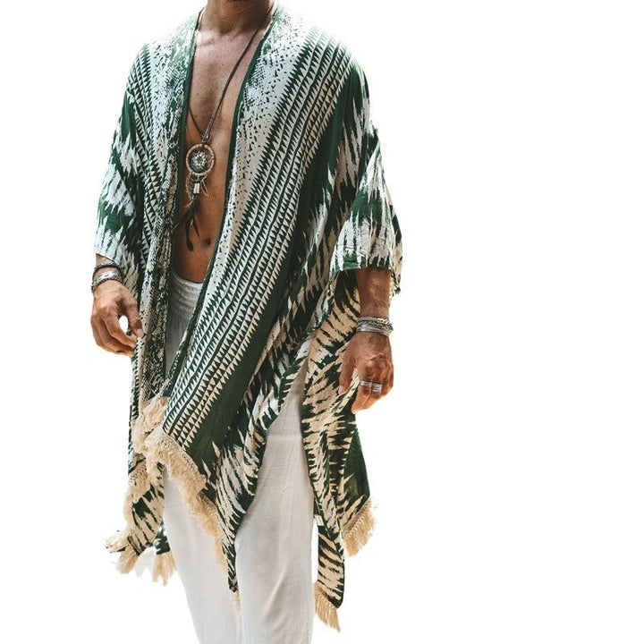 Herren nan leichter Strandponcho im Kimono-Stil mit Fransen Drune