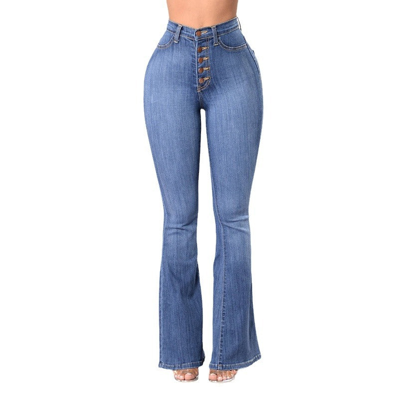 Damen High-Waist Flared Jeans mit dekorativen Knopfdetails und elastischem Bund Drune