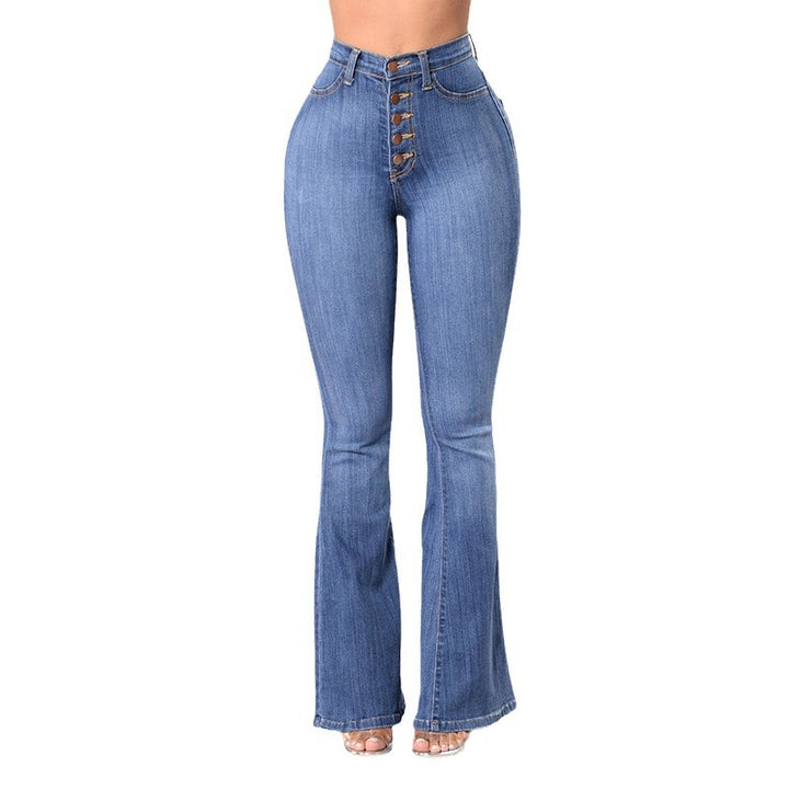 Damen High-Waist Flared Jeans mit dekorativen Knopfdetails und elastischem Bund Drune