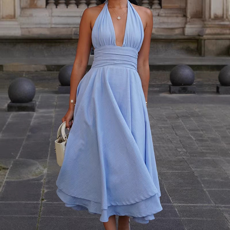 Damen elegantes Midikleid mit tiefem V-Ausschnitt und Fließendem Rock Drune