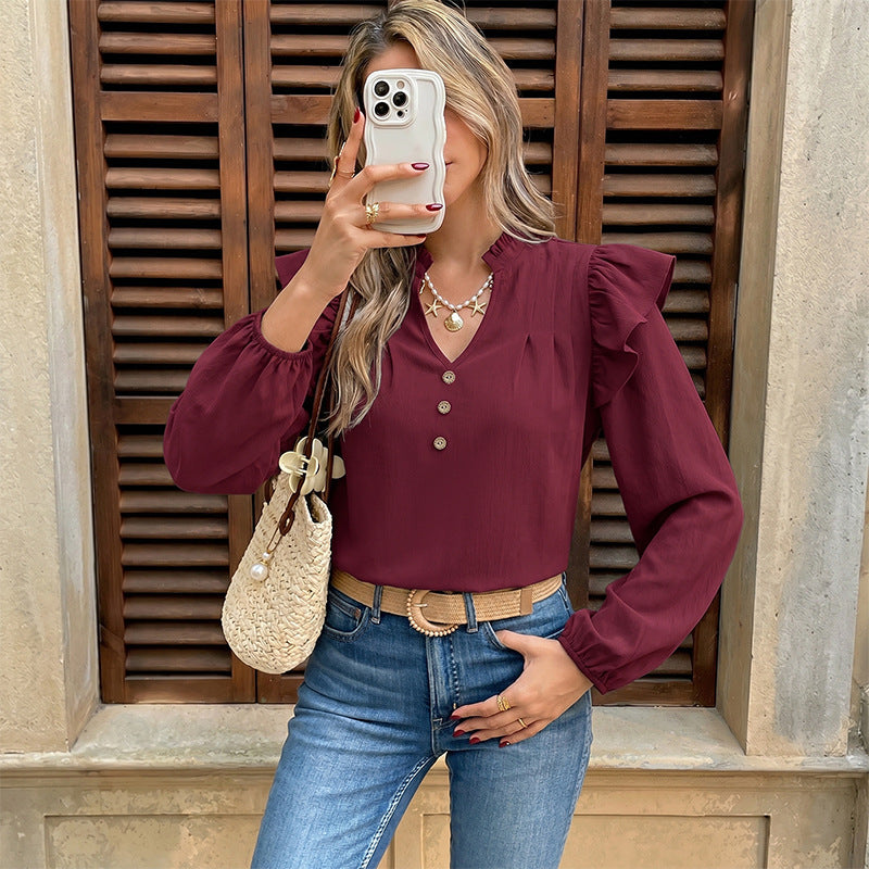 Damen Verspielte Bluse mit Rüschensleeves und Knopfdetails Drune
