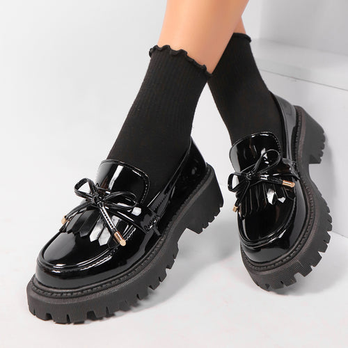 Damen  Lackoptik Loafer mit Quastenfransen Zierschleife und robuster Traktorsohle Drune