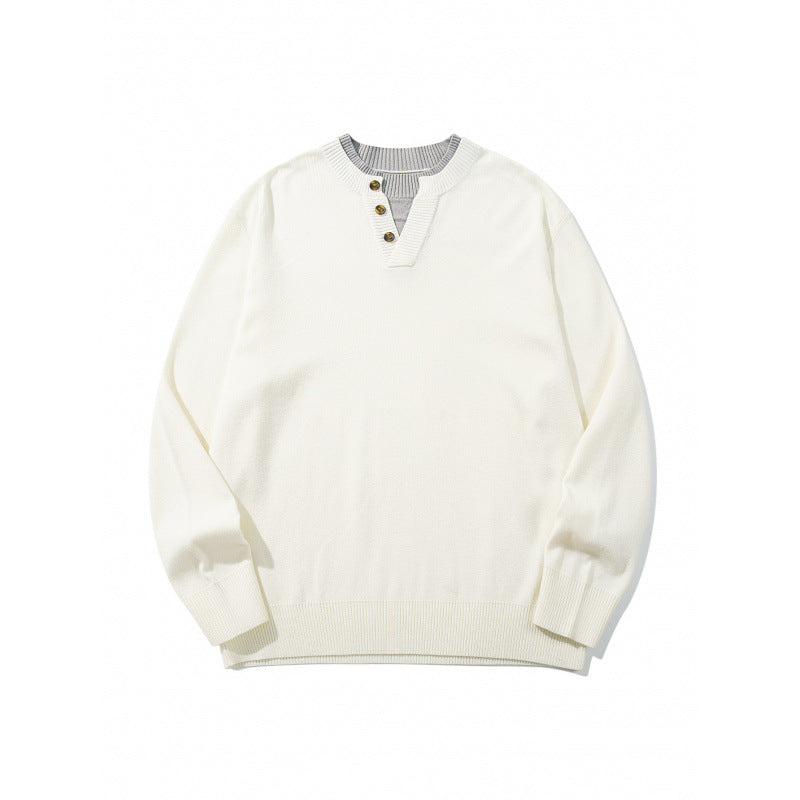 Unisex Strickpullover mit Henley-Knopfleiste, Kontrastkragen und Boxy‑Schnitt Drune