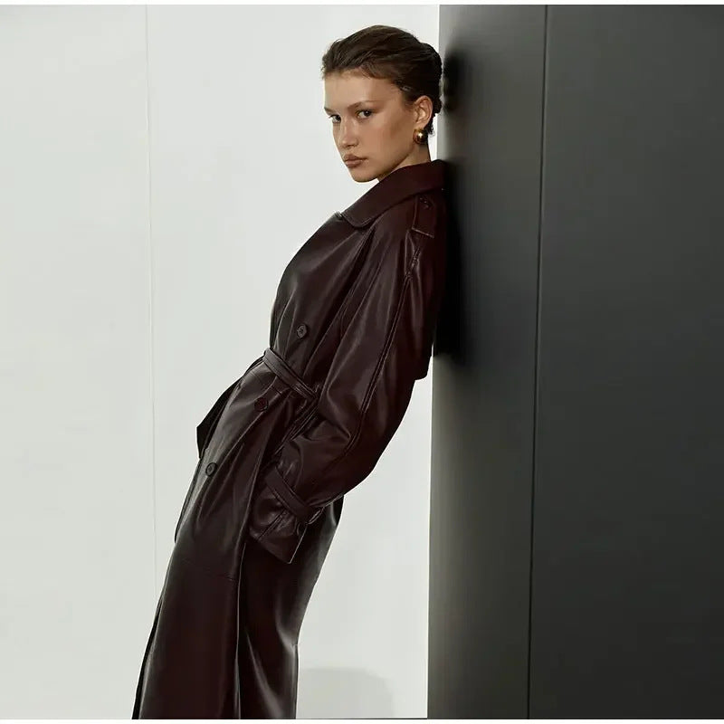 Damen Eleganter Kunstleder-Trenchcoat mit tailliertem Gürtel Drune
